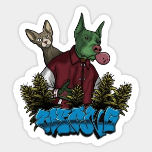 Crazy Dog with Cat in Bush Sticker